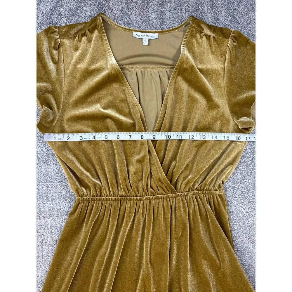 See and Be Seen Velvet Dress Maxi Short Sleeve Holiday Gold Size Small - Picture 4 of 7